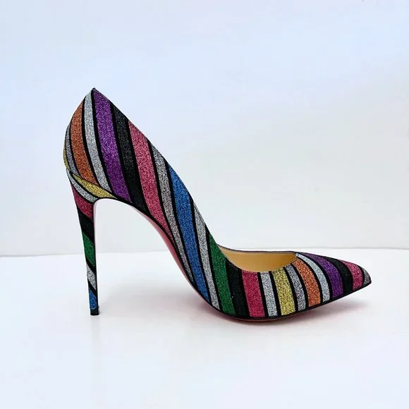 Christian Louboutin Pigalle Follies 100 Striped Glitter Pumps Rainbow Multicolor - Picture 8 of 14